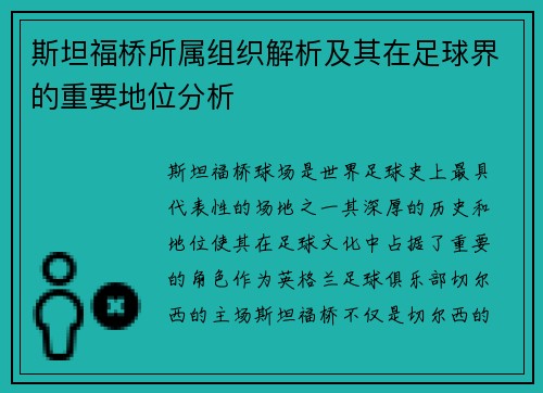 斯坦福桥所属组织解析及其在足球界的重要地位分析